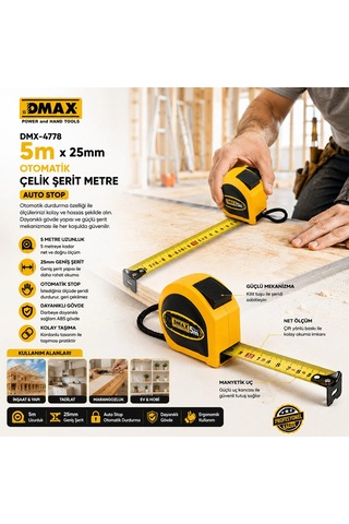 12 Adet 5mt X 25mm Otomatik Çelik Şerit Metre Stoplu 5580 Standart