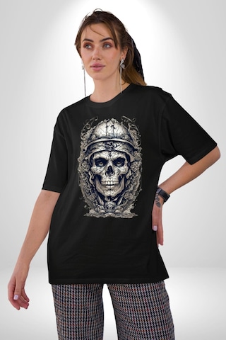 Kask Miğfer İskelet Asker Pamuklu Bisiklet Yaka Unisex Oversize Boyfriend Dijital Baskılı Siyah T-shirt Siyah