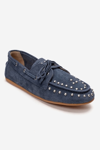 Luvishoes Cuesta Kot Mavi Süet Hakiki Deri Troklu Bağcıklı Kadın Loafer Ayakkabı