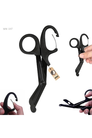 Taktik Süper Kesici Medikal Outdoor Askeri Av Tipi Karabinalı Makas Siyah Mw247
