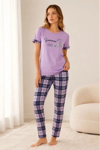 Modi Pamuklu Penye Summer Baskılı Kısa Kollu Pijama Takımı Bisiklet Yaka Ekose Desenli - Lila Çok Renkli