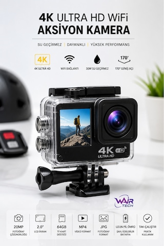 4k Ultra Hd Wifi Aksiyon Kamera Çift Ekranlı 30m Su Geçirmez Uzaktan Kumandalı Siyah