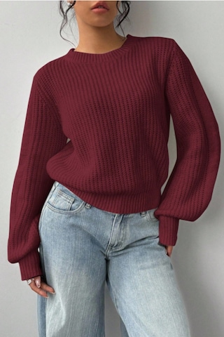 Tarz Cool Kadın Bordo Oversize Bisiklet Yaka Balon Kol Fitilli Triko Kazak Bordo