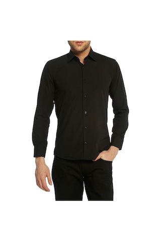 Siyah Slim Fit Uzun Kol Düz Renk Erkek Gömlek // 151-20 Siyah
