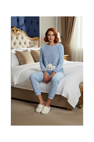 Frm Kadın Kalpli Polar Pijama Seti Ve Göz Bandı Hediyeli Fonksiyonel mavi