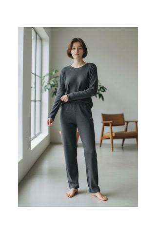 Feg Store %100 Pamuk Antrasit Yumuşak Dokulu Fitilli Uzun Kollu Kadın Pijama Takımı