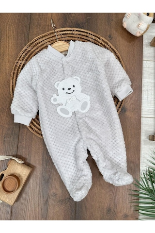 101 Dalmaçyalı Peluş Ayıcık Nakışlı Patikli Çıtçıtlı Kışlık Erkek Bebek Tulum Gri