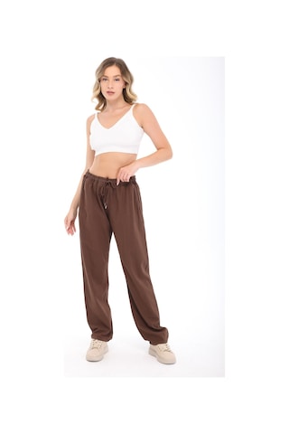 Blayn Jeans Blayn Kadın Taba Keten Dokulu Yüksek Bel Bol Paça Beli Bağcıklı Pantolon Kahverengi