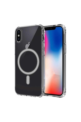 Apple iPhone Uyumlu X Kılıf Magsafe Wireless Kablosuz Şarj Destekli Sert Şeffaf Darbe Emici Embos -şeffaf Color-3171-clr-41858