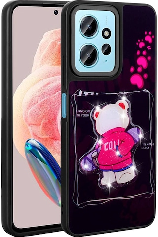 Goocamp Redmi Note 12 4g Kılıf Parlayan Kabartmalı İkonik Figürlü Amas Silikon Kapak Pembe