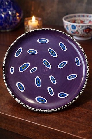 El Yapımı Çini Pizza Tabağı 30 Cm Nazar Motifli Seramik Servis Tabağı Sunum & Sofra Dekoru Çok Renkli
