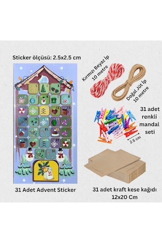 Yılbaşı Advent Takvimi Hediye Seti, Sticker-kraft Kese Kağıdı-renkli Ahşap Mandal-jüt&twine Baker İp