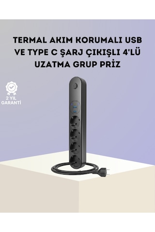 Nrzsnt Akım Korumalı Çoklu Priz 4 Lü 2 Usb 1 Type-c 2500w Güçlü Tasarım