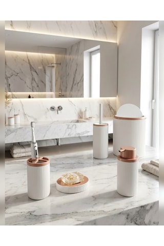 Beyaz Çizgili 5 Parça Banyo Seti Çöp Kovası Klozet Fırçası Sıvı Sabunluk Diş Fırçalık Sabunluk