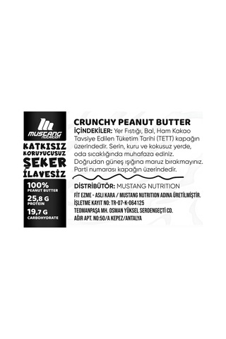 Mustang Nutrition Ballı Bitter Çikolatalı Crunchy Fıstık Ezmesi 350 Gr 25,08 Gr Protein + 40 Gr Fıstık Ezmesi Hediyeli