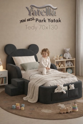 Yatella Luxury Tedyy Baza ve Başlıklı Montessori Full Sünger Yatak Seti 70 X 130 Antrasit