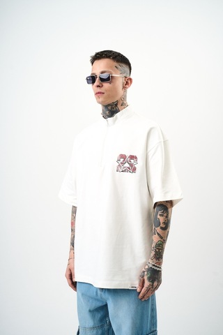 Respire Erkek 22 Baskılı Yarım Fermuarlı Oversize T-shirt Ekru