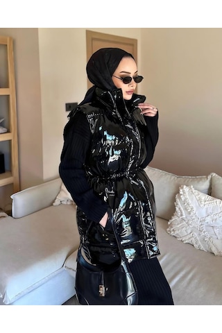 Hb Harma Time Butik Kadın Fermuarlı Cepli Siyah Parlak Şişme Yelek