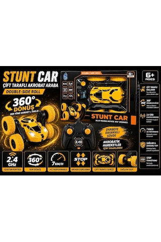 Uzaktan Kumandalı 360 Dönen Şarjlı Akrobat Stunt Car Araba Sarı