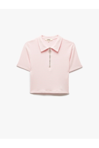 Koton Viskon Kumaş Karışımlı Pötikare Fermuarlı Kısa Kollu Crop Polo Yaka Tişört Pembe Çizgili 5sak50007ek Pembe Çizgili Pembe