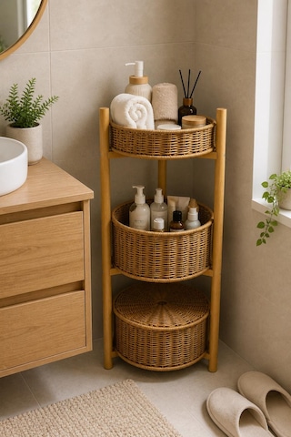 3 Katlı Bambu Rattan Organizer Sepet Mutfak Banyo Salon Düzenleyici Raf Sebzelik Patates Soğanlık