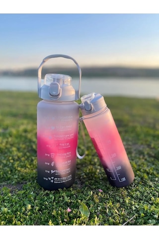 Motivasyonel Su Matarası, 2 Lt Ve 900 Ml, Siyah Pembe, Spor Salon Şişesi Çok Renkli