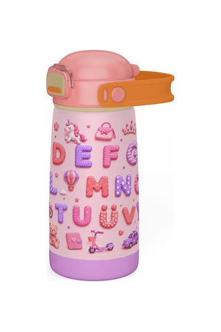 Puccon 420 Ml Kız Çocuklar İçin Alfabe Harfler Baskılı Çelik Matara Termos Suluk - 60018 Pembe - Mor