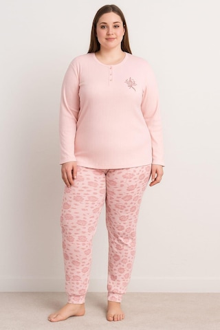 Kadın 0330 Büyük Beden Raporlu Pijama Takımı Pembe Pembe