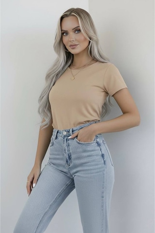 Hashtag Kadın Bisiklet Yaka Kısa Kollu Body Basic Tişört Viskon Kumaş Bej