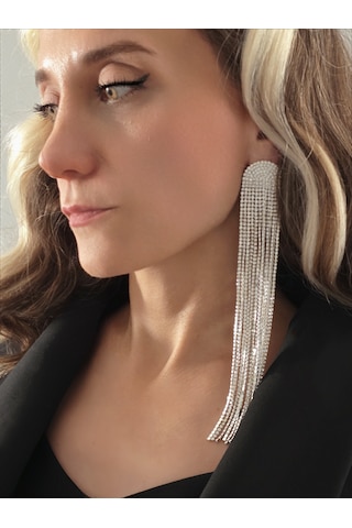 Uzun Sallantılı Tekli Beyoğlu Taşı Abiye Gold Renk Küpe Gümüş