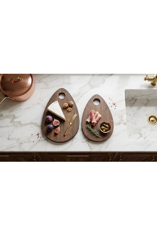 Fam Wood Art Damla Model 2'li Kesme Sunum Doğrama Tahtası, Servis Tabağı %100 Çam Ağacı Kahverengi