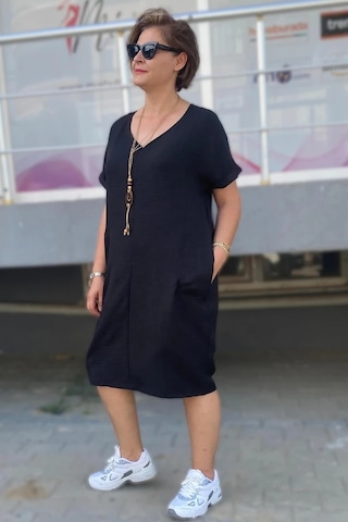 Mia Butik Büyük Beden Siyah Kolye Hediyeli Salaş Elbise Siyah