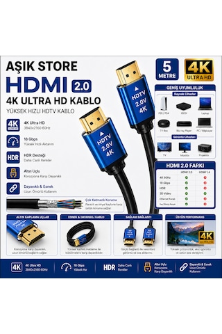 Hdmı 2.0 Kablo 5 Metre 4k Ultra Hd 18gbps Altın Uçlu Hdr Destekli Tv Monitör Ps5 Xbox Laptop Uyumlu