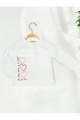 Kız Bebek Pamuklu İnce Uzun Kollu Kalp Desenli Bluz-14897 Ekru