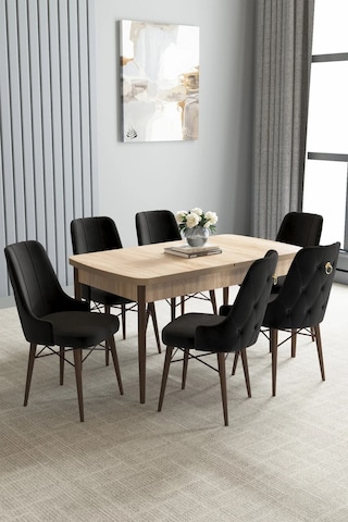 Zümra Serisi, Meşe Desen 80x132 Açılabilir Mdf Mutfak Masası Takımı 6 Adet Sandalye, Siyah