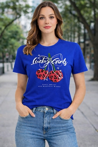 Herkesemoda Luck Girls Baskı Detaylı Basic T-shırt Mavi