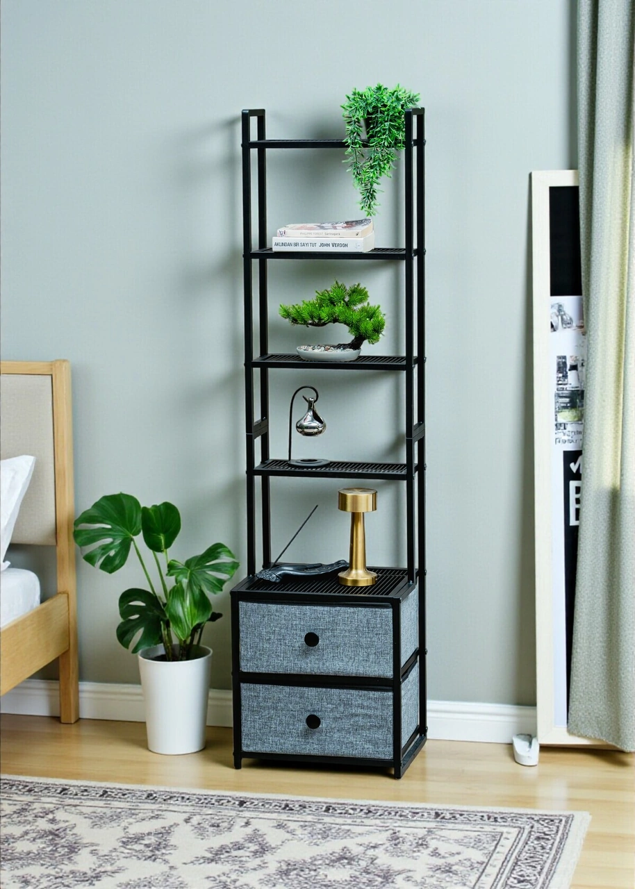 Dekoratif Siyah Metal Kitaplık 5 Raflı 2 Çekmeceli Komidin Çok Amaçlı Stand Organizer Siyah