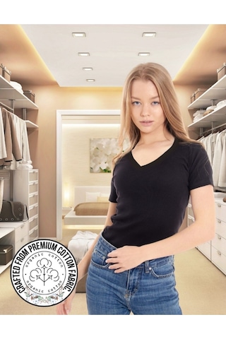 Alya Underwear V Yaka Kaşkorse Kumaşlı Kısa Kollu Bluz, Esnek Ve Pamuklu Kumaş Badi, Bej Kemik Body Siyah