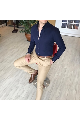 Italyan Stil Slim Fit Dik Yaka Saten Erkek Gömlek Koyu Lacivert T