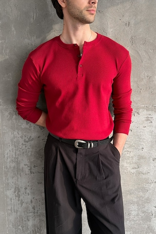 Erkek Henley Yaka Düğmeli Penye Bluz Kırmızı