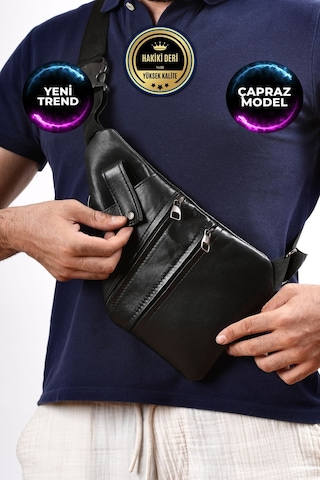 Unisex Siyah Hakiki Deri Çapraz Göğüs Çantası Ultra Kullanışlı Siyah