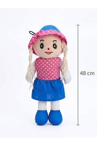 Fatma Bebek 48cm Büyük Puantiye Desenli Elbiseli Ve Şapkalı El Yapımı Oyuncak Bez Bebek Mavi