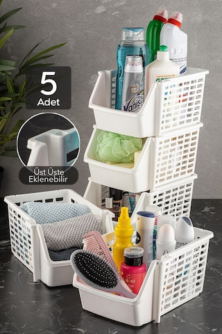 5'li Üst Üste Eklenebilir Dolap İçi Düzenleyici Banyo Mutfak Rafı - Çok Amaçlı Tezgah Altı Organizer Beyaz