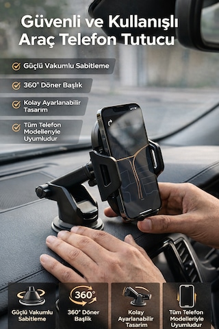 360 Dönebilen Araç Telefon Tutucu - Çift Montajlı Ön Cam + Torpido Tüm Telefonlara Uyumlu Siyah