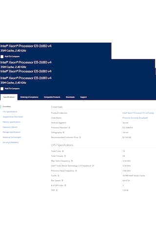 Intel Xeon 14 Core Cpu E5-2680v4 2.4ghz 35mb Smart Cache 9.6 Gt/s Qpi Tdp 120w
