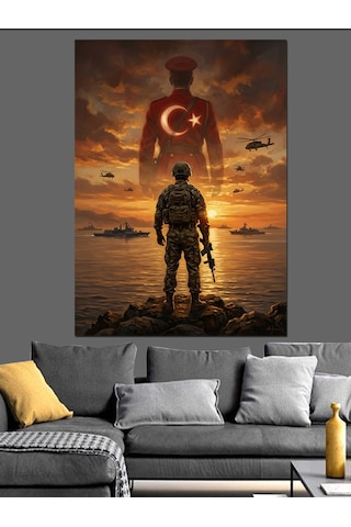 Türk Bayrağı Önünde Nöbetçi Mehmetçik Dekoratif Kanvas - Mdf Ahşap Tablo