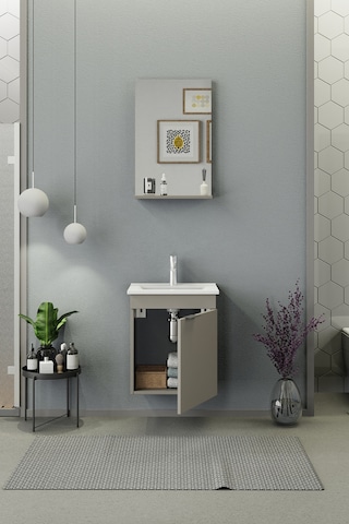 Biani Fix Arya Slım 50 Cm Banyo Dolabı,Seramik Lavabolu, Aynalı,Lavabo Dahil,Mdf,Latte