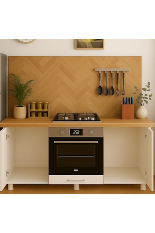 140lık Ankastre Fırın Ocak Dolabı,kahve Köşesi,çok Amaçlı Mutfak Dolabı Meşe - Beyaz