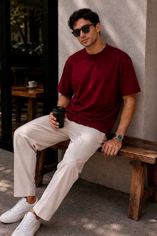 Bbbutikbasic Erkek Oversize Basic Bisiklet Yaka Pamuklu Tişört My3535 Bordo