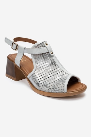 Luvi Shoes Janelle Beyaz Simli Hakiki Deri Kadın Kalın Topuklu Sandalet